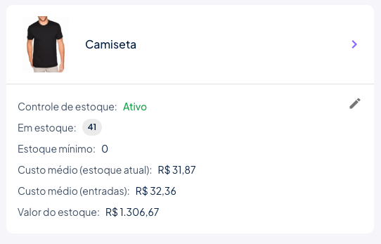 Card de estoque de um produto mostrando os dois custos médios