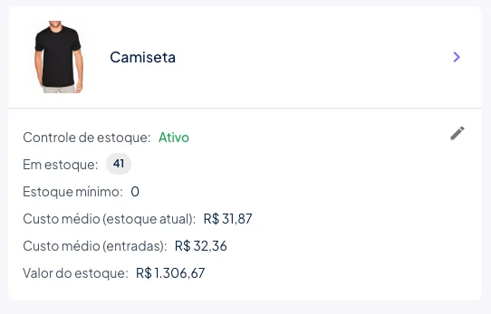 Card de estoque de um produto mostrando os dois custos médios