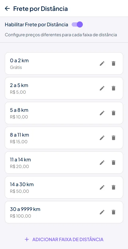 Frete por km config