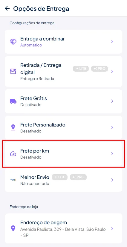 Frete por km menu