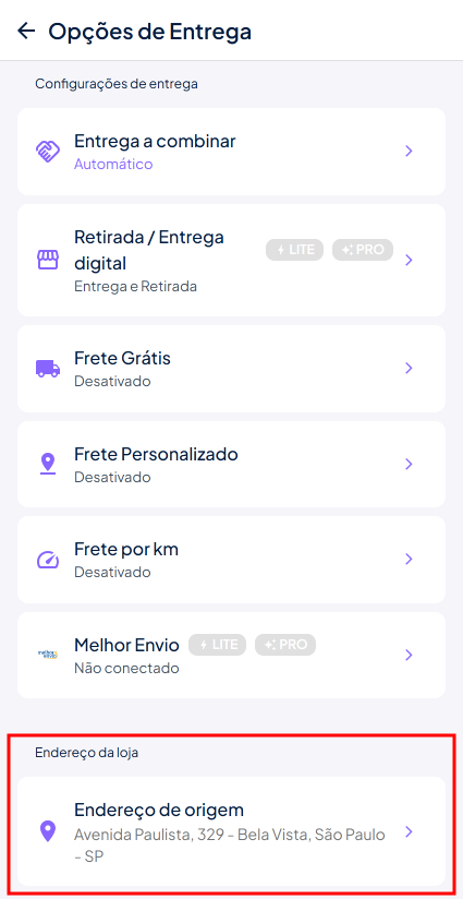 Endereço da loja menu