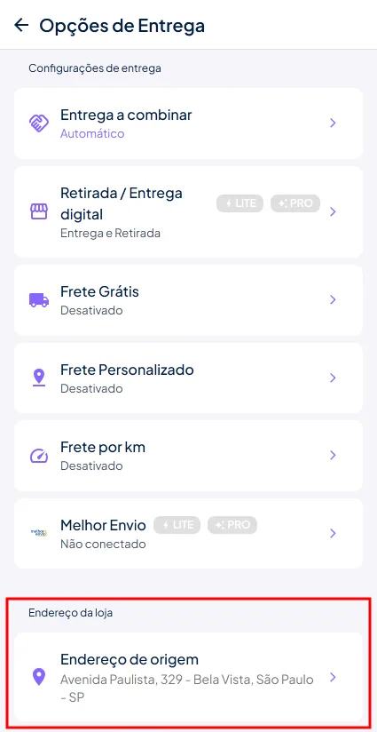 Endereço da loja menu