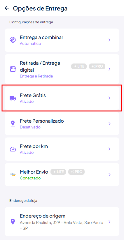 Frete grátis menu