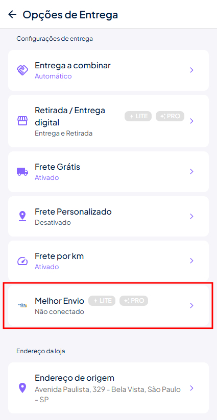 Menu Opções de Entrega - Melhor Envio