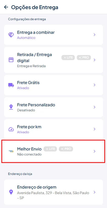Menu Opções de Entrega - Melhor Envio
