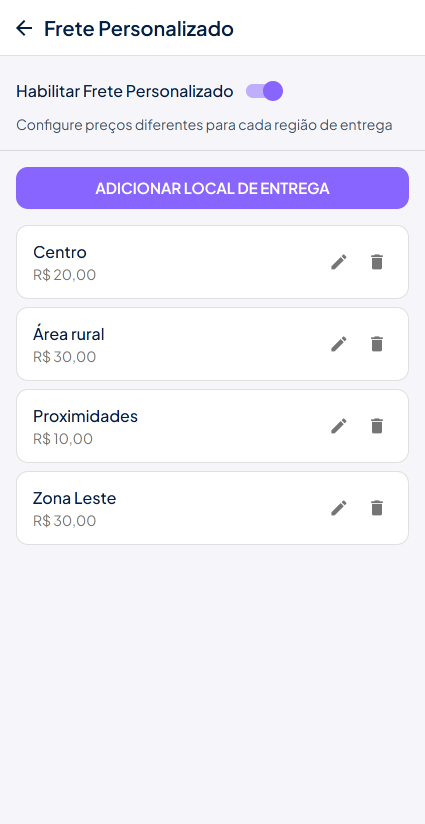 Frete personalizado config