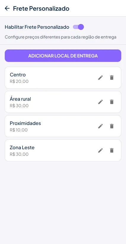 Frete personalizado config