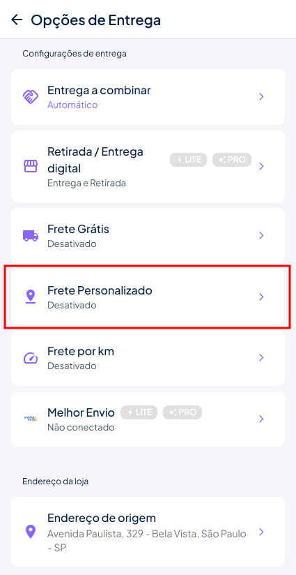 Frete personalizado menu