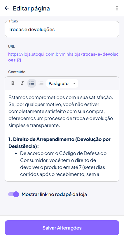 Páginas de conteúdo Stoqui