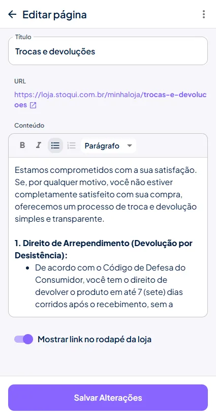 Páginas de conteúdo Stoqui