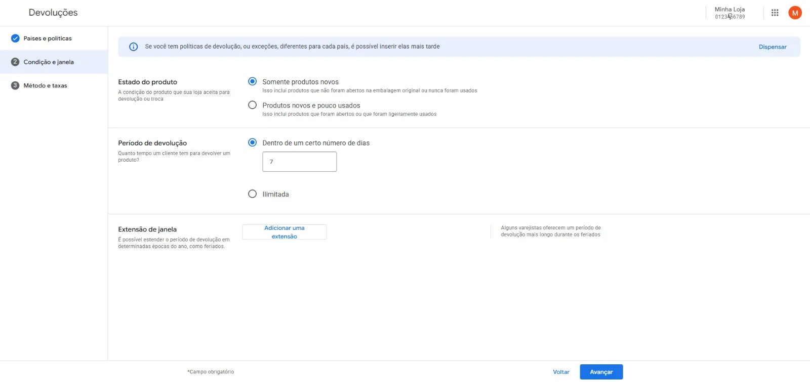 Condições de devolução