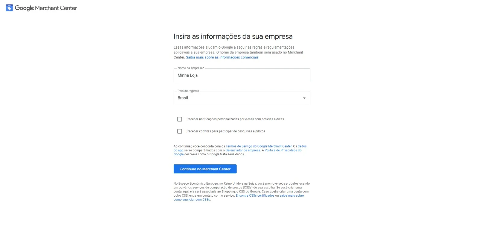 Dados da loja