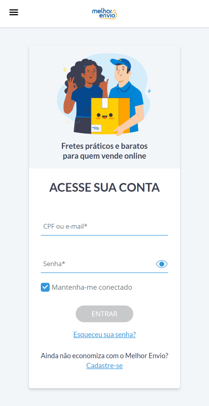 Tela de login Melhor Envio