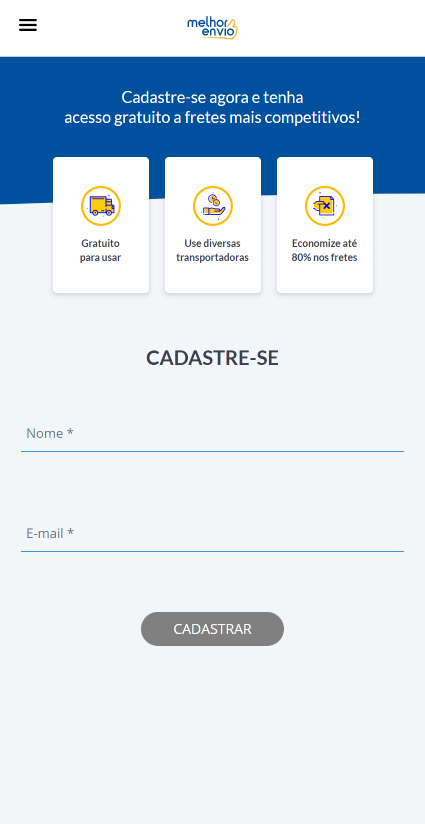 Formulário de cadastro Melhor Envio