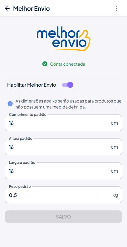 Ativar frete e dimensões padrão