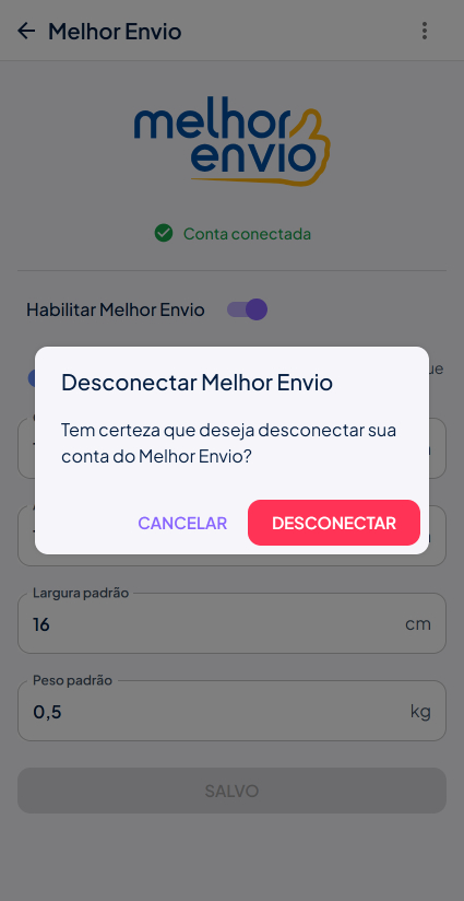Desconectar Melhor Envio