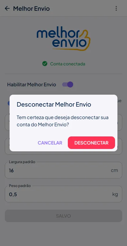 Desconectar Melhor Envio