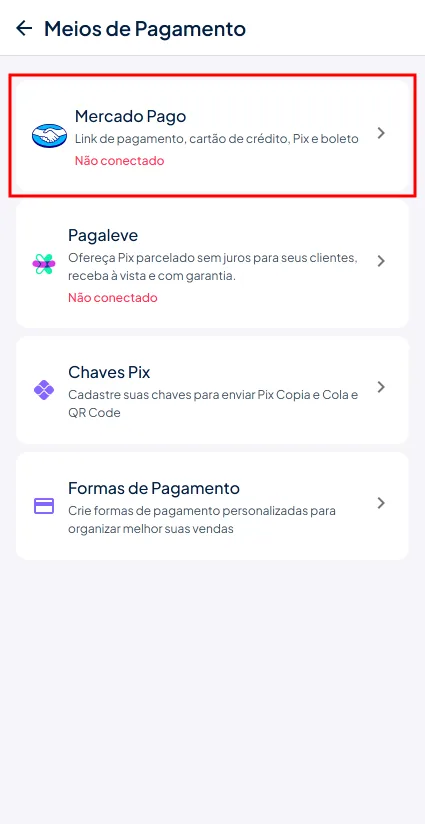 Mercado Pago menu
