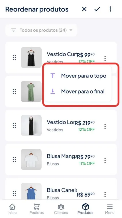 Atalhos Mover para o topo e Mover para o final