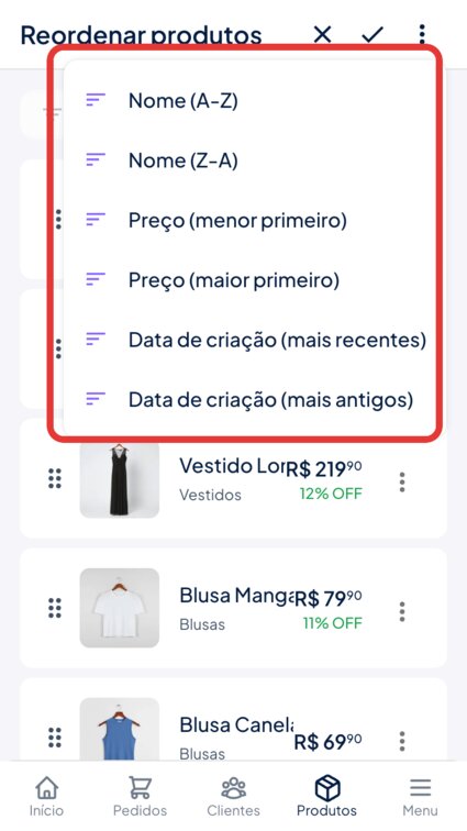 Menu de ordenação automática