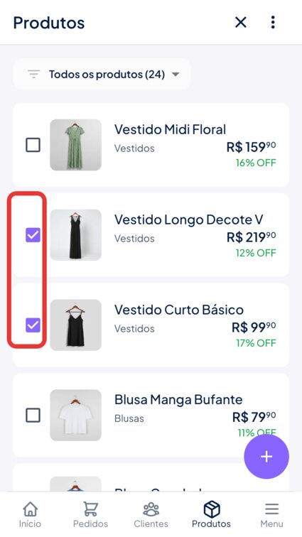 Produtos selecionados no modo Selecionar