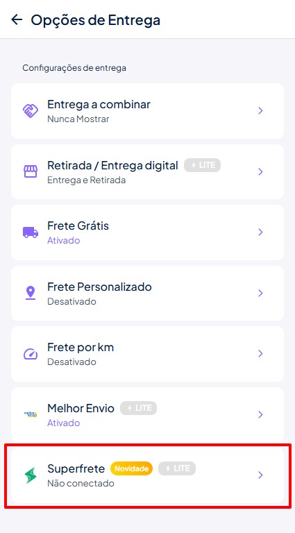 Menu Opções de Entrega - SuperFrete