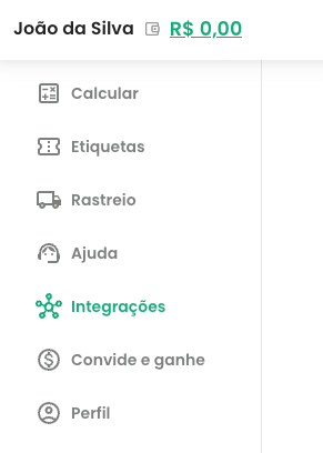 Menu Integrações SuperFrete