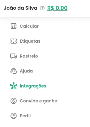 Menu Integrações SuperFrete