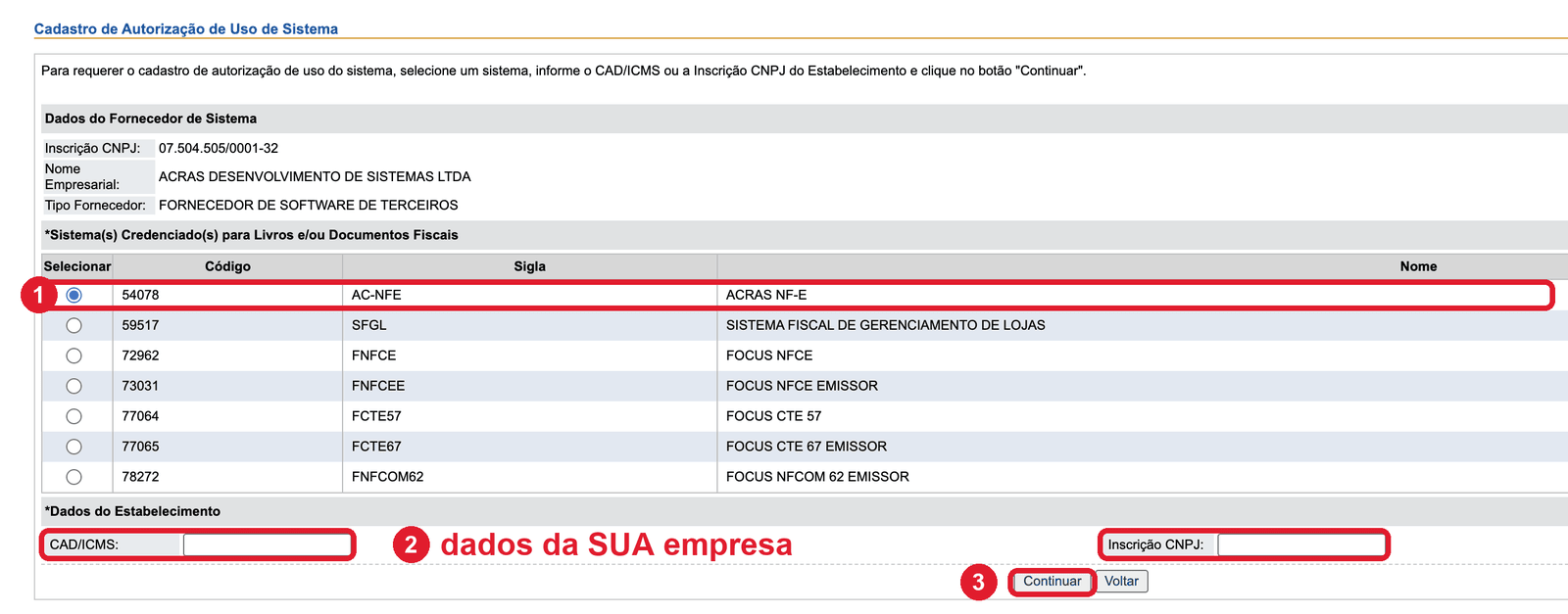 Seleção do sistema e dados do estabelecimento