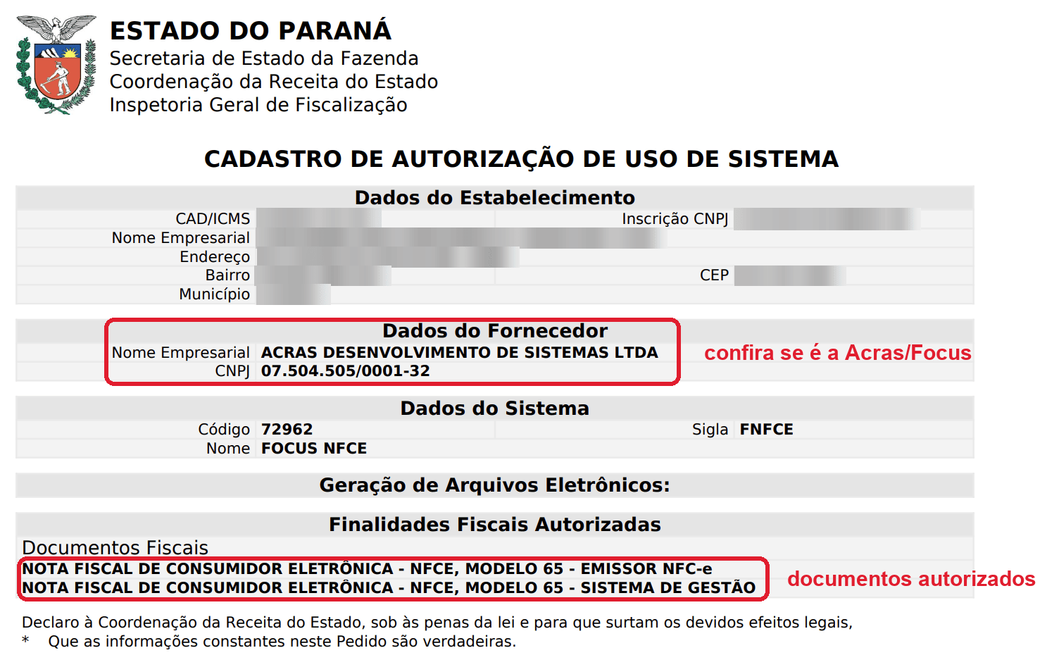 Documento de autorização gerado