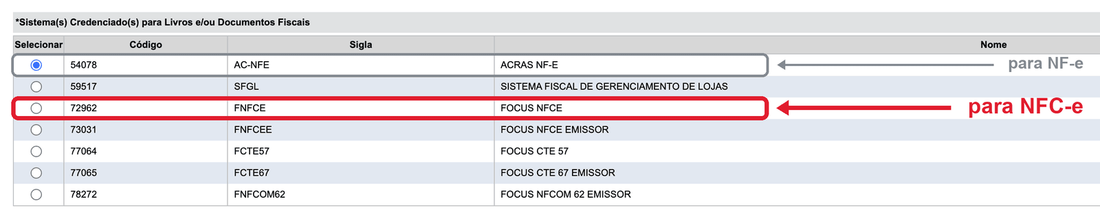 Seleção do sistema para NFC-e