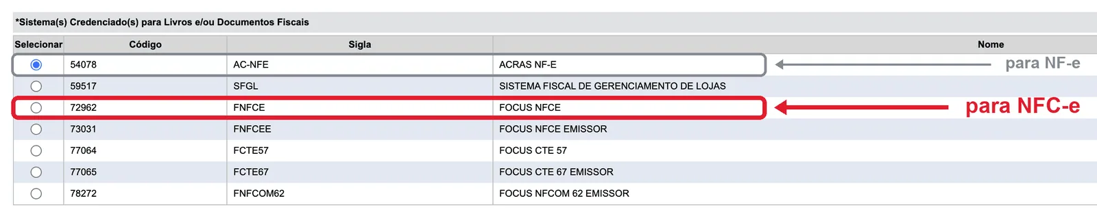 Seleção do sistema para NFC-e