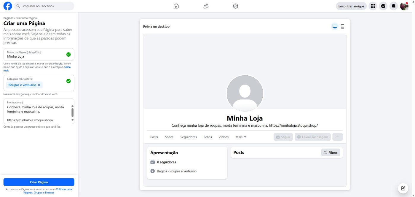 Criar página Facebook