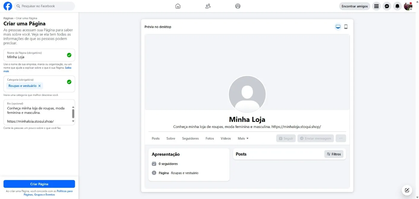 Criar página Facebook