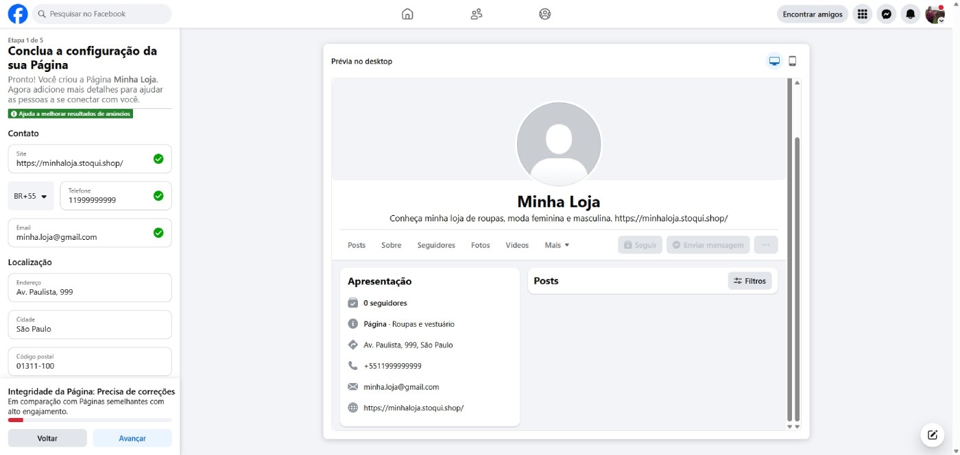 Preencher dados página