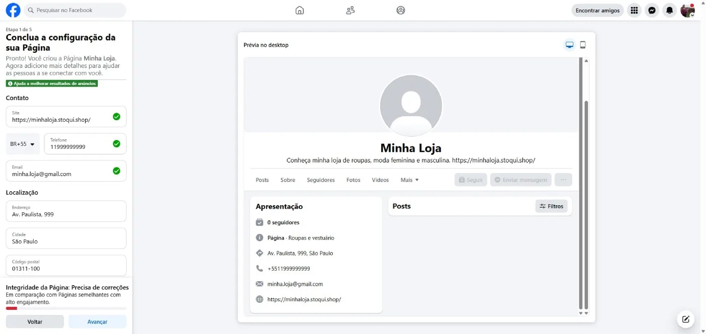 Preencher dados página