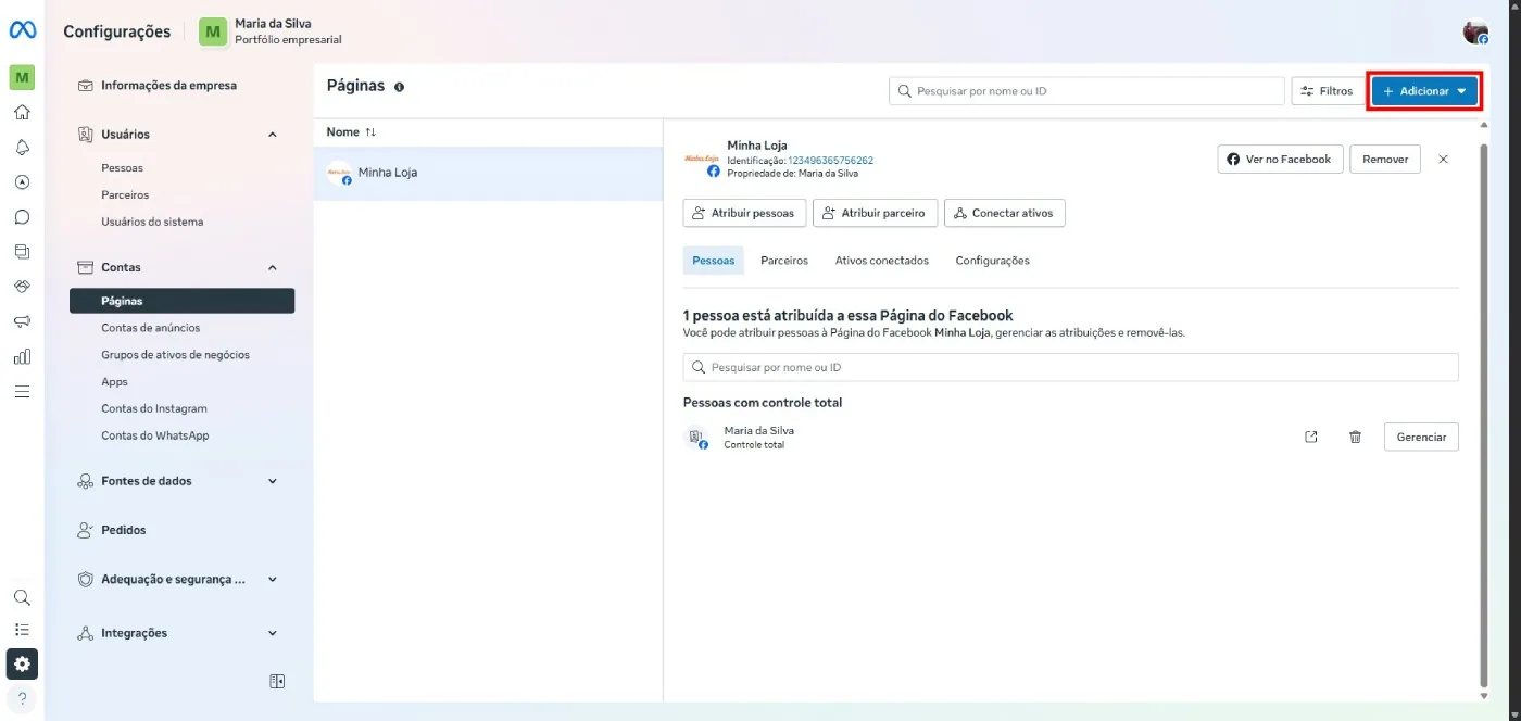 Adicionar página Meta Business