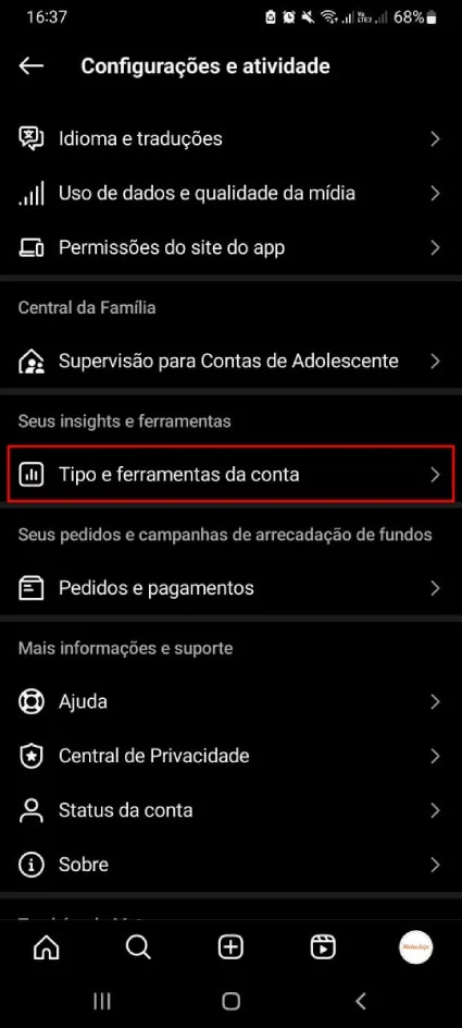 Conta comercial Instagram