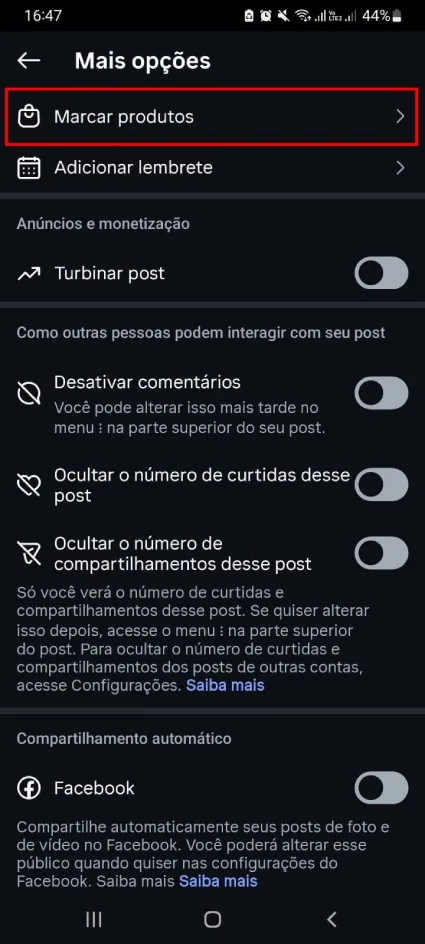 Mais opções marcar produtos