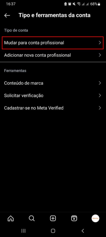 Tipo e ferramentas da conta