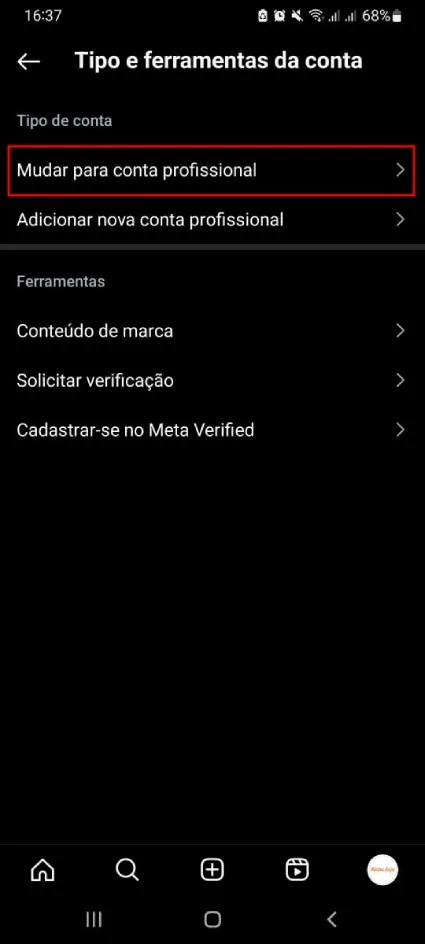 Tipo e ferramentas da conta