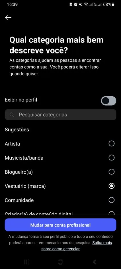 Mudar para conta profissional